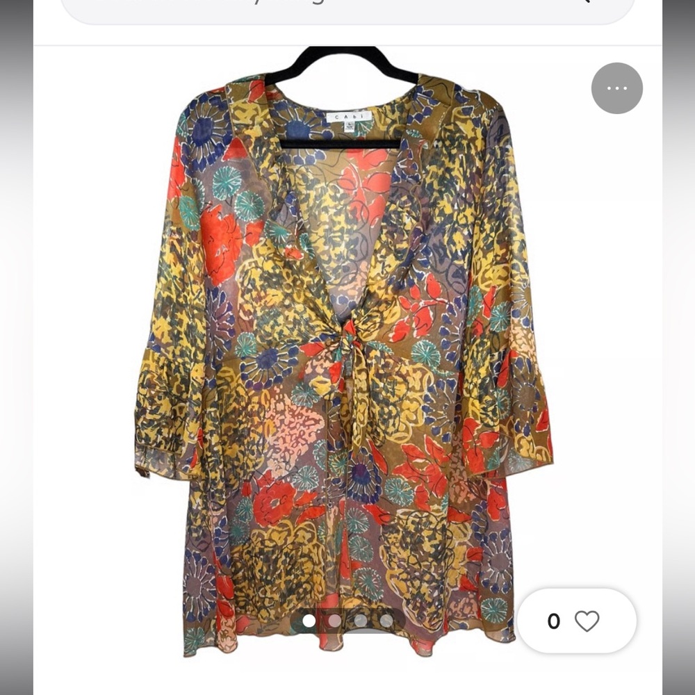 Colorful Tie Front Floral Semi-Sheer Blouse Overlay Cardigan Sz XL Cabi EUC
